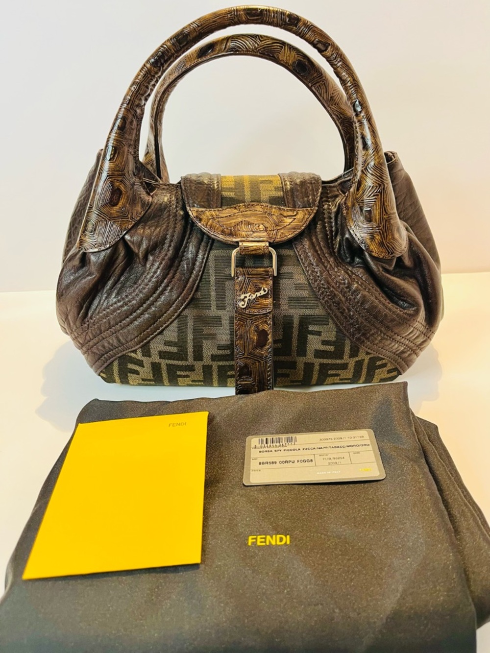 Authentic Fendi Spy Bag Zucca Canvas Leather Brown Vintage 2009 w/ Card Italy